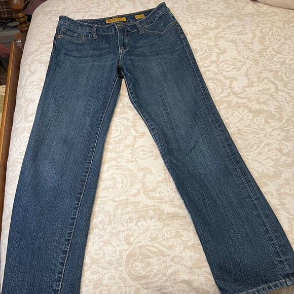Seven7 jeans medium wash straight leg blue denim logo stitching on pockets Sz 8 - Picture 2 of 16